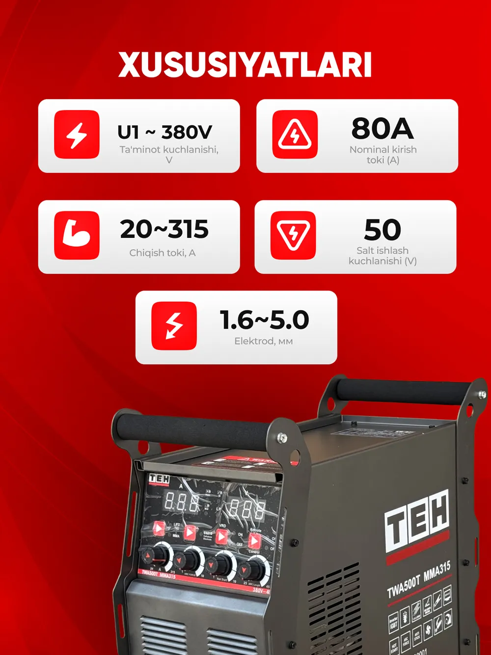 TEH TWA500T MMA315 payvandlash apparati — xususiyatlari